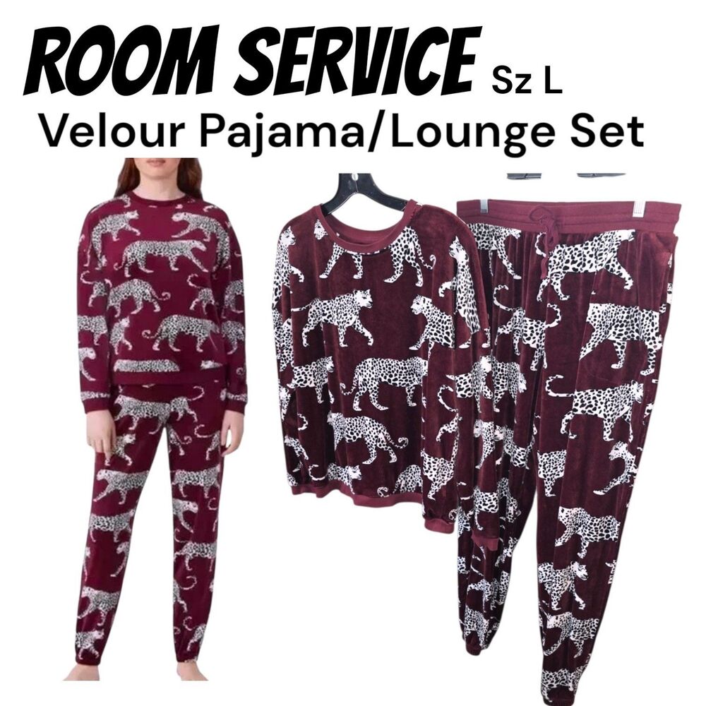 Room Service Sz L 2 Pc All Over Jaguar Print Velour L/S Maroon Pajama Sleep Set